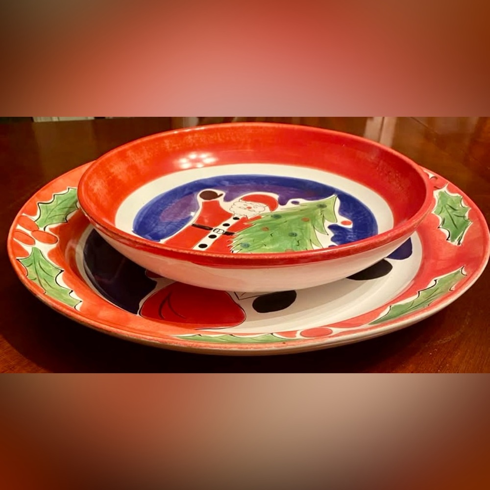 🎅 Hand-Painted Santa Platter & Bowl Set – Fapor Portugal 🇵🇹